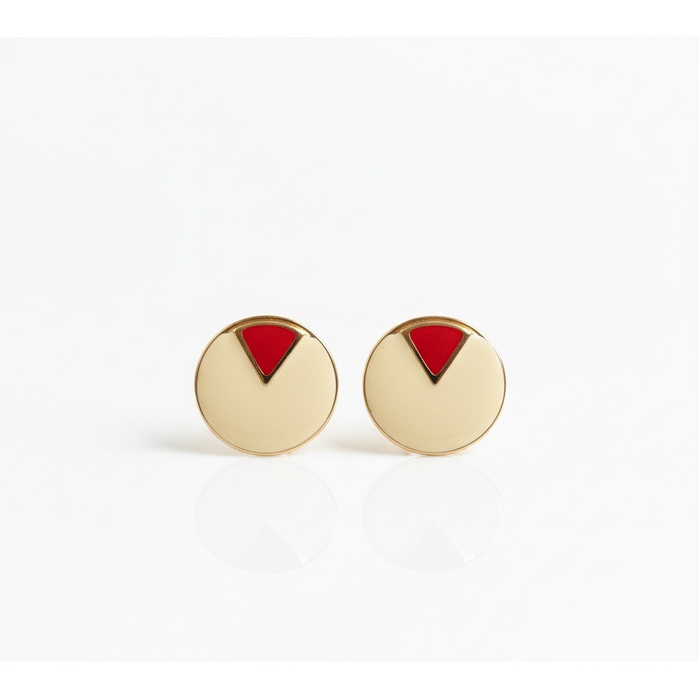Vintage 80s Gold Tone Round Enamel Stud Earrings Red Cream Geometric Mod Minimal